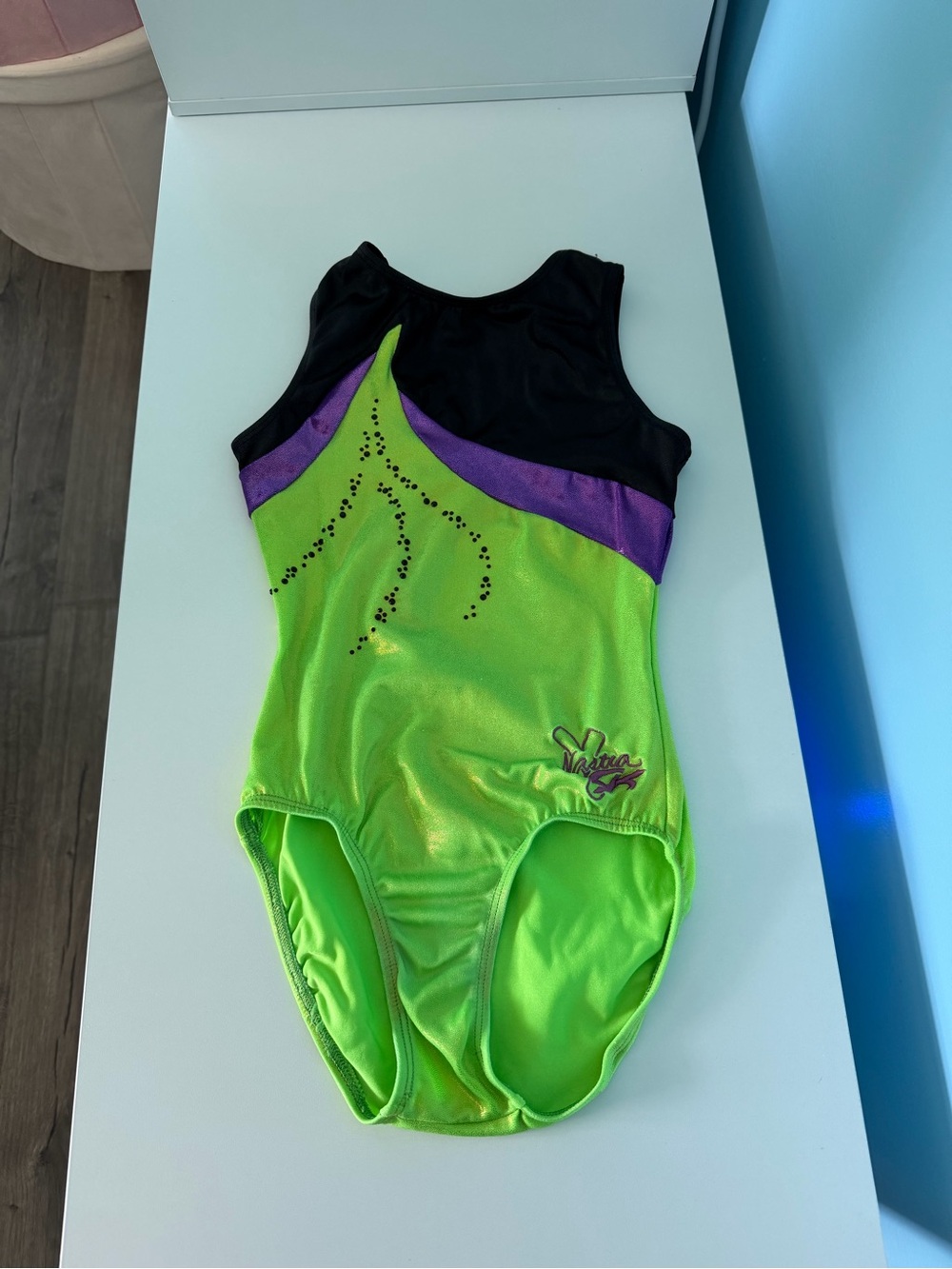 GK Neon Green, Black & Purple Girls Gymnastics Leotard
